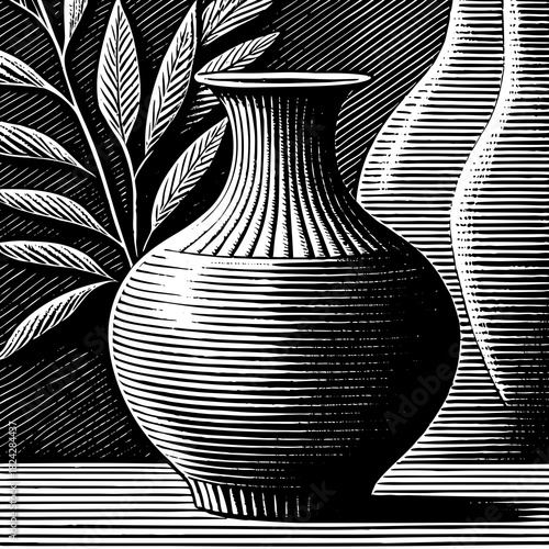 Stylized still life of a vase and plant with engraved texture