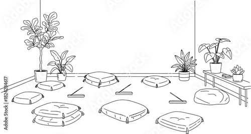 Meditation room with cushions plants and incense sticks for relaxation time