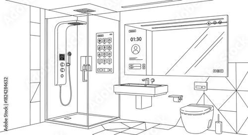 Modern smart bathroom interior design with advanced technology and clean lines