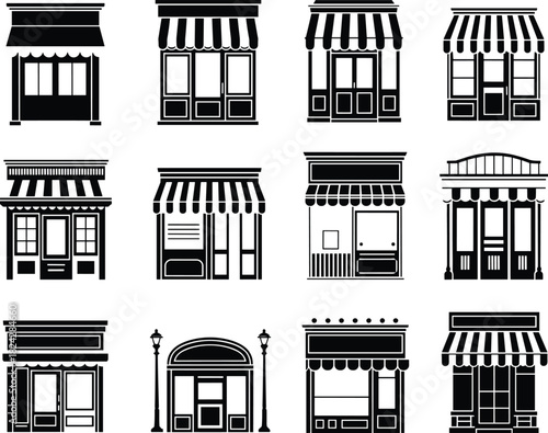 Twelve Black Silhouette Icons of Storefronts and Shops building facade