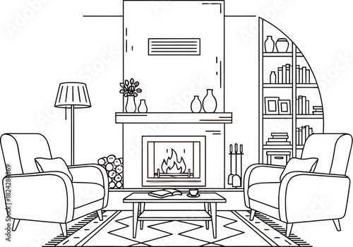 Cozy living room interior with fireplace armchairs and bookshelf in line drawing