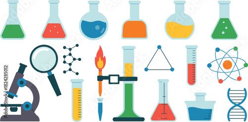 Science Laboratory Equipment and Molecules Flat Design Icons vector illustration