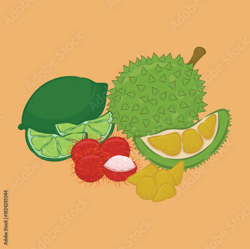 Illustration of several durian lime and rambutan fruits fresh fruit that is a healthy food