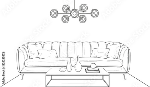 Modern living room interior design with sofa pillows table and lighting fixture