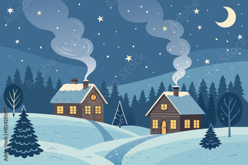 Showcasing Winter Village With Cozy Houses Smoke Chim Vibrant Premium Digital Asset