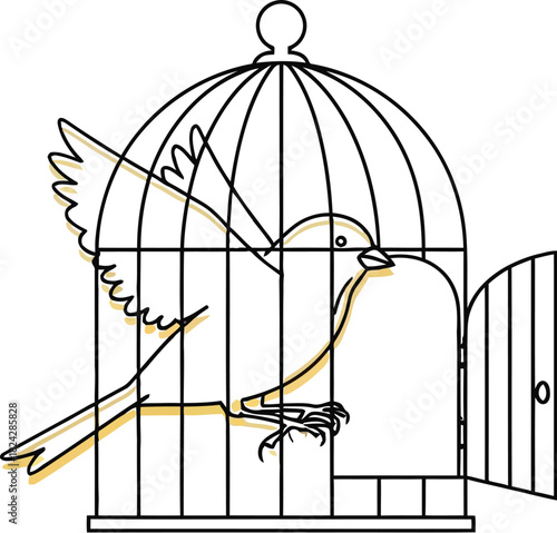 Bird escaping from a cage with an open door in a minimalist line art illustration
