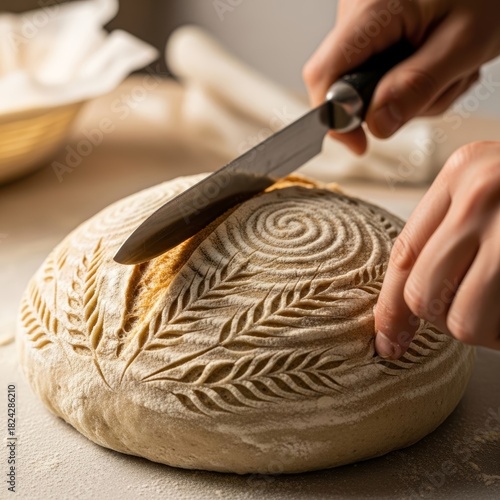 Close-Up of Scored Sourdough Bread with Artistic Pattern Before Baking