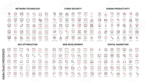 Comprehensive set of modern line icons covering network technology, cyber security, productivity, SEO, web development, digital marketing for business and tech projects isolated vector illustration