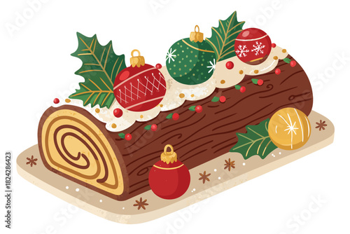 Depicting Yule Log Cake With Ornaments Bold Traditi Vibrant Professional Photo