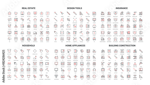 Comprehensive set of modern line icons for real estate, design tools, insurance, household, home appliances, and building construction isolated on white background vector illustration