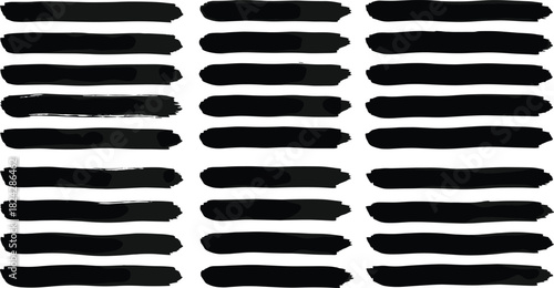 Vector collection of horizontal black paint brush strokes featuring grunge ink lines and rough marker stripes isolated on white background.