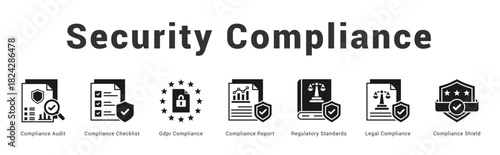 Security Compliance Modern and clean web banner illustration featuring thematic icons for visual communication