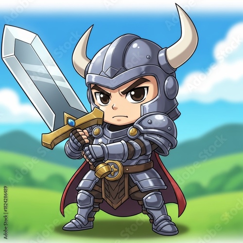 Chibi Character Warrior with Sword and Determined Expression