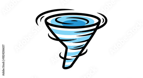Cartoon Tornado with Blue Stripes and Black Outline Illustration.