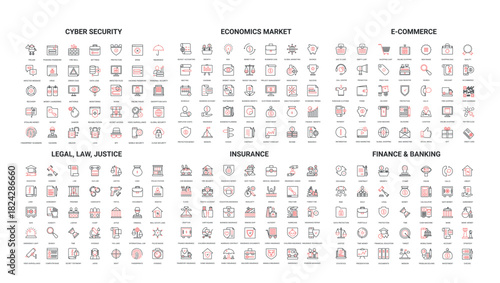 Comprehensive set of modern line icons covering cyber security, economics, e-commerce, law, insurance, finance, banking for web, apps, presentations isolated vector illustration
