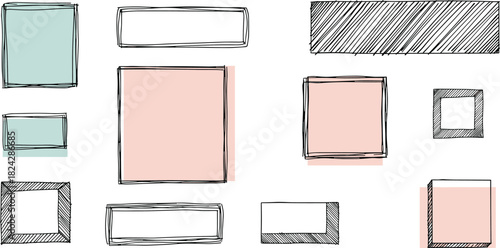 Set of hand drawn vector rectangular frames and square borders featuring sketch doodle style and pastel colors on white.
