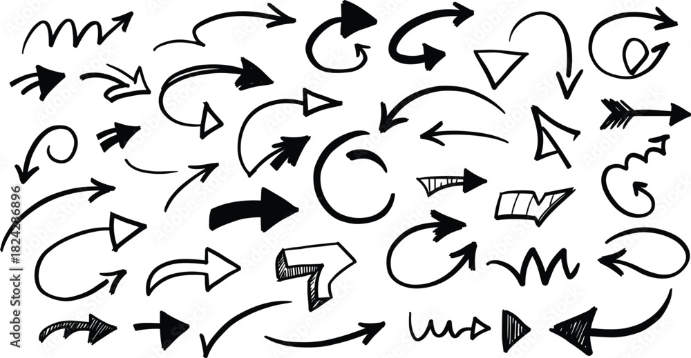 Naklejka premium Collection of hand drawn black arrows vector illustration featuring sketch doodle styles and grunge markers isolated on white background.