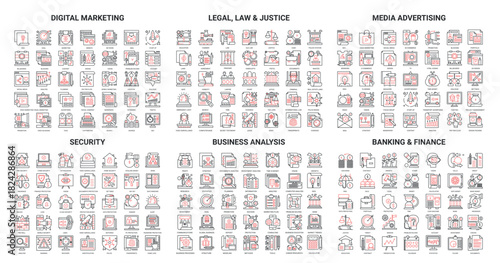 Business finance technology, thin red black line icons vector illustration set. Linear pictogram pack with cyber data security and analysis, digital marketing, legal law justice symbols collection