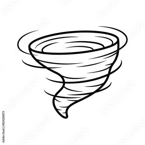 Stylized Black and White Tornado Illustration with Swirling Motion Lines.