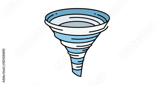Stylized Blue and White Tornado Illustration with Black Outline and Spirals.