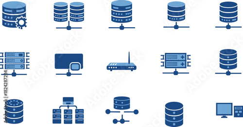 Database server and cloud storage icon set vector illustration featuring network technology symbols in blue color style on white.