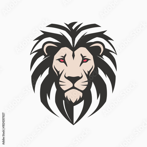 A stylized lion head with a dark mane and piercing red eyes, facing forward.