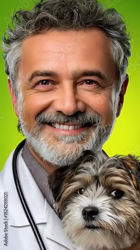 Veterinarian holding small dog against green backdrop studio portrait