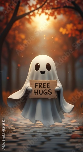 Cute Ghost Offering Free Hugs in a Fall Forest Setting