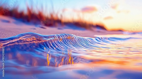 Fototapeta Naklejka Na Ścianę i Meble -  A close-up view of a small, translucent ocean wave rolling onto a sandy beach. The water reflects the warm colors of the sunset sky, creating a serene and tranq