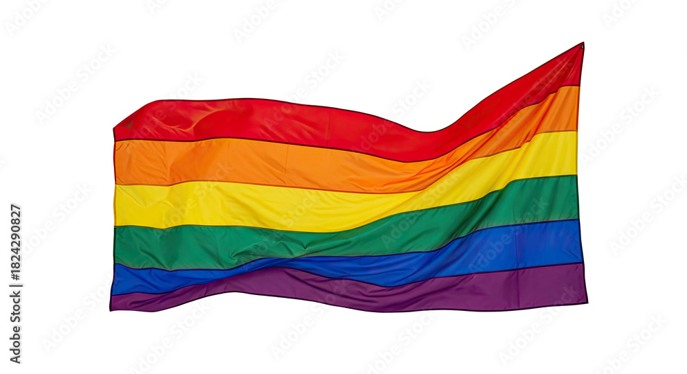 Obraz premium A rainbow flag waving in the wind against a white background.