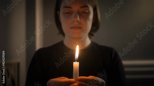 Woman holding a lit candle in a dimly lit room with soft focus background Keywords: candle, holding, light, flame, woman, hands, fire