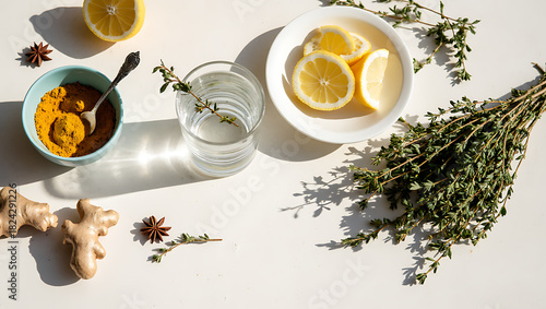 Turmeric, Lemon, Ginger, and Thyme Wellness Flatlay – Natural Remedy Ingredients on Light Background