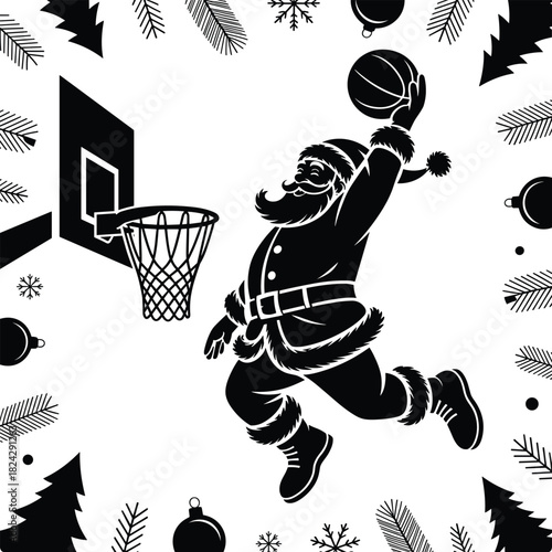 Santa Claus playing basketball silhouette with festive Christmas decorative frame