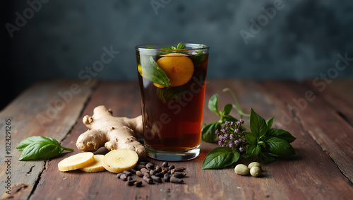 Ginger Tea with Basil and Spices on Rustic Wooden Table – Natural Herbal Remedy Concept