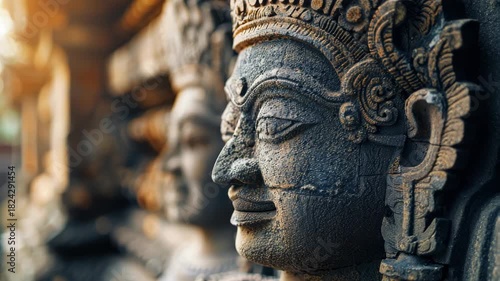 Carved stone statues with intricate details, likely from historical temple