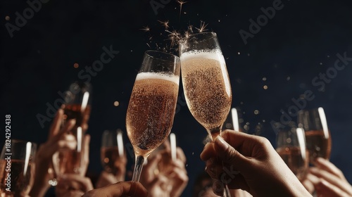 Celebration with sparkling champagne toast and festive cheers in night ambience
