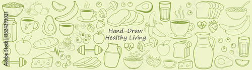 Illustration of healthy living with food and fitness equipment in a light green color scheme art