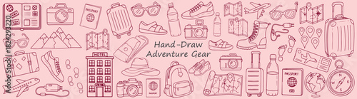 Hand drawn travel and adventure gear featuring luggage cameras passports and various travel accessories
