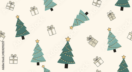 A charming and simple seamless Christmas pattern with hand-drawn style Christmas trees and gift boxes on a light beige background.