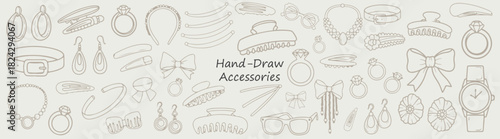 Hand drawn fashion accessories including jewelry hair clips and glasses on a light background pattern design