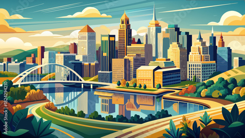 Very beautiful panoramic view of downtown Pittsburgh’s Golden Triangle, featuring its modern skyline, rivers converging at the point, and a clear atmospheric horizon in a clean, stock-compliant style.
