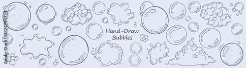 Illustration of hand drawn bubbles in various sizes and arrangements on a light blue background surface