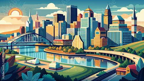 Very beautiful panoramic view of downtown Pittsburgh’s Golden Triangle, featuring its modern skyline, rivers converging at the point, and a clear atmospheric horizon in a clean, stock-compliant style.