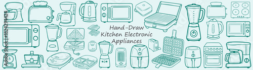 Illustration of various kitchen appliances including toasters blenders and microwaves in green outline