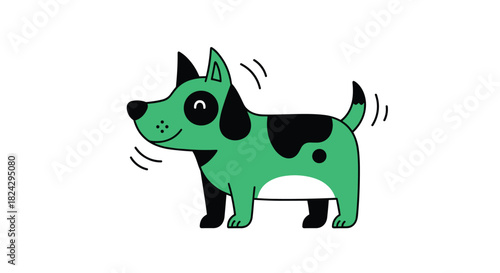 A quirky and simple cartoon illustration of a happy green dog with black spots wagging its tail, isolated on a white background.