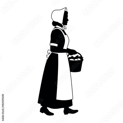 Silhouette of a woman in historical attire carrying a basket.