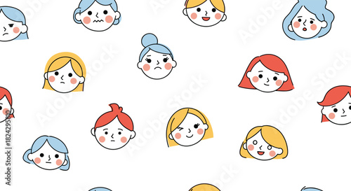 A seamless doodle pattern of diverse cartoon female faces showing various emotions and hairstyles on a simple white background.