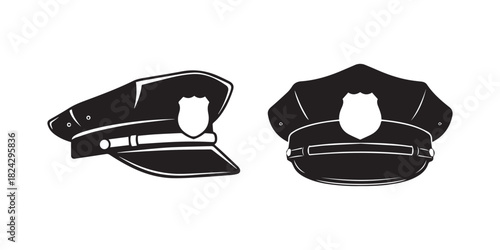 Illustration of four black silhouettes of police hats and a shirt on a white background design element
