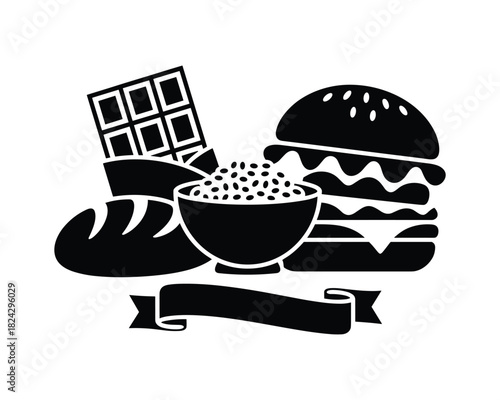 Black and white vector illustration of unhealthy food items with banner