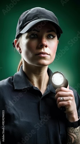 Woman holding flashlight portrait with green background